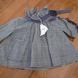 Tia Cibani Kids Gingham Smock Top Navy White Ruffle Neck Size 2 Designer NWT
